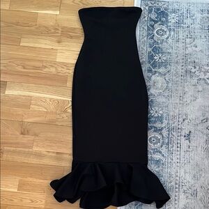 superdown Black Strapless Midi Dress with Ruffle Hem